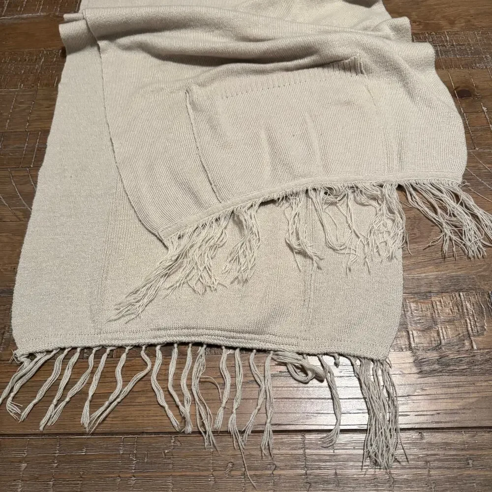 Dual Pocket Shawl Scarf Oatmeal Beige Knit Wrap Fringe Trim 62